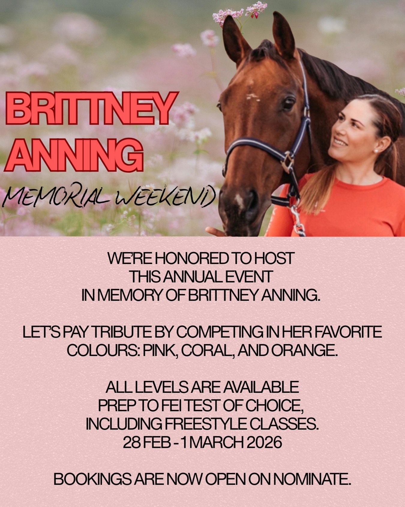 Each year, we get together to pay tribute to Brittney Anning—a club member, rider, and friend who was taken by melanoma.   28 February - 1 March 2026  Riders are encouraged to wear pink, coral or orange - Brittney’s favourite colours.  In