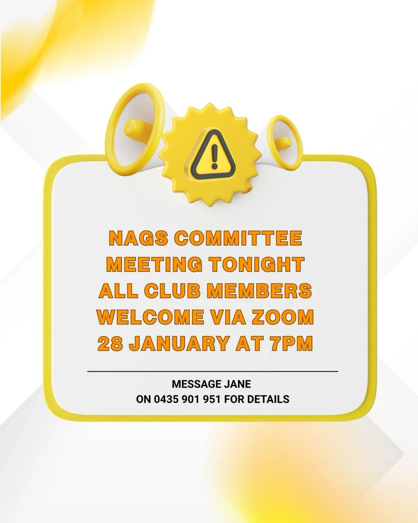 The Nags committee will meet tonight (28 January at 7pm) via Zoom to discuss the upcoming competition on 8 February and review outstanding items from the 2025 AGM.  Club members are welcome to join. For Zoom meeting details, please contact Jane on 04